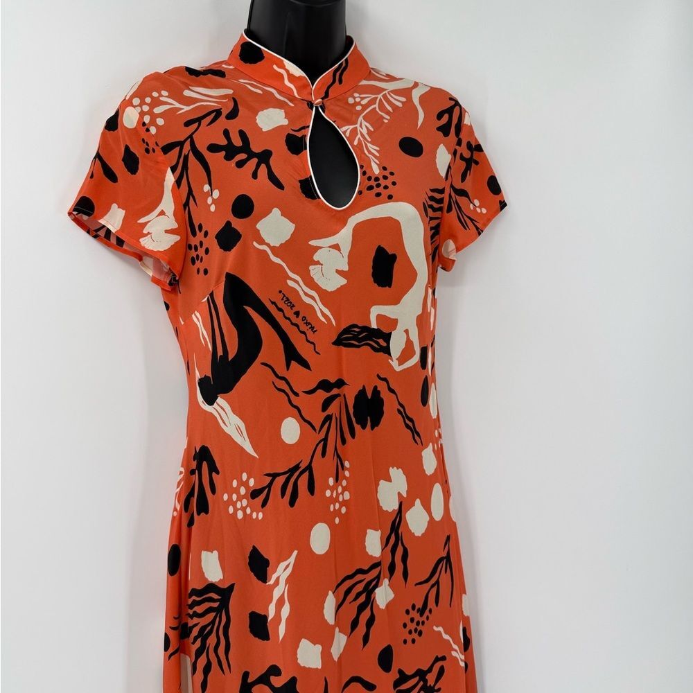 RIXO London Pepper Cutout Printed Silk Midi Dress in Orange Multi |  XS / 4 - Picture 4 of 7
